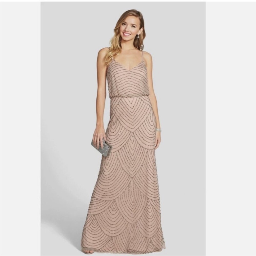 Adrianna Papell Art Deco Beaded Blouson Evening Dress Tan Beige Size 4